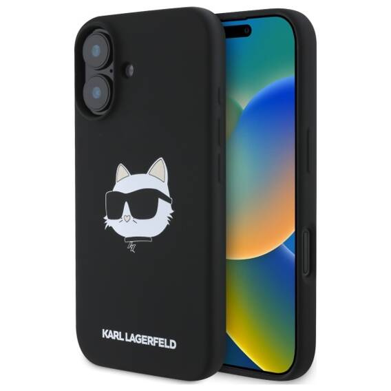 Original Case IPHONE 16 Karl Lagerfeld Hardcase Silicone Choupette Head Print MagSafe black