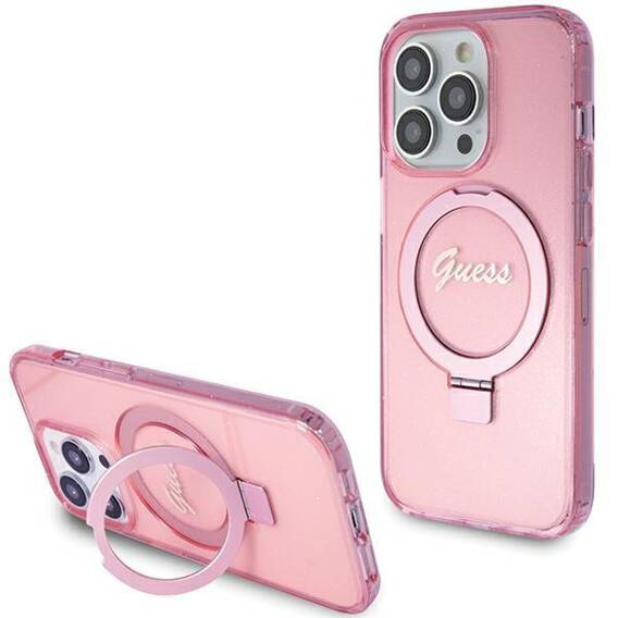 Original Case APPLE IPHONE 15 PRO Guess Hardcase Ring Stand Script Glitter MagSafe (GUHMP15LHRSGSP) pink