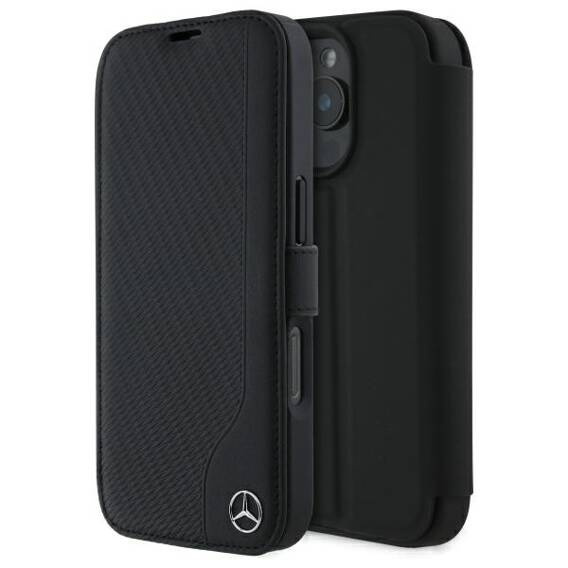 Original Case IPHONE 16 PRO Mercedes Bookcase Leather Wood Imitation (MEBKP16L23RBGVK) black