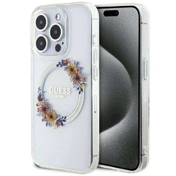 Oryginalne Etui APPLE IPHONE 15 PRO Guess Hardcase IML Flowers Wreath MagSafe (GUHMP15LHFWFCT) transparentne