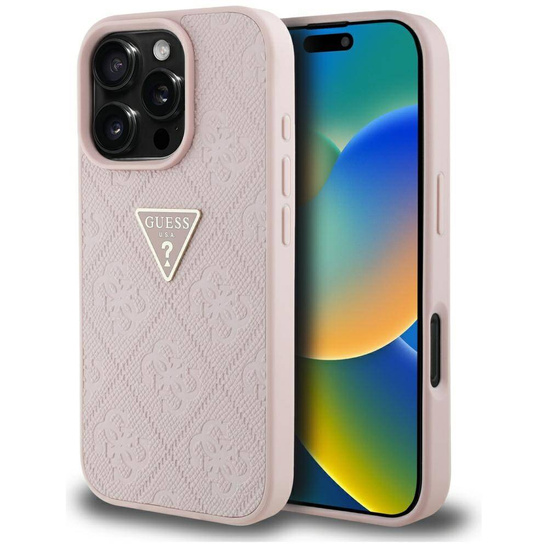 Etui IPHONE 16 PRO Guess Hot Stamp 4G Pattern Triangle Metal Logo różowe