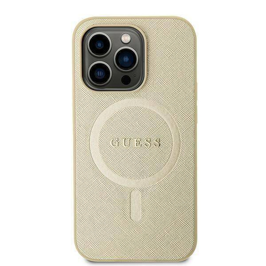 Oryginalne Etui APPLE IPHONE 15 Guess Hardcase Saffiano MagSafe (GUHMP15SPSAHMCB) złote
