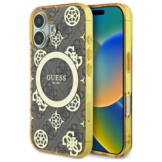 Oryginalne Etui IPHONE 16 Guess Hardcase IML Peony On 4G Background MagSafe (GUHMP16SH4PYEEW) brązowe