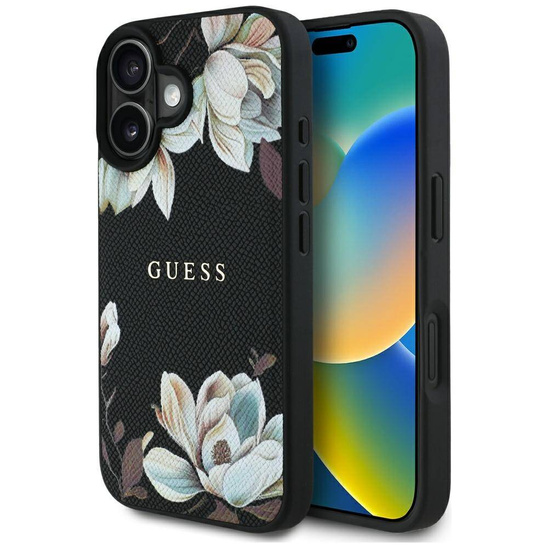 Etui IPHONE 16 Guess Grained Printed Flower Pattern MagSafe czarne