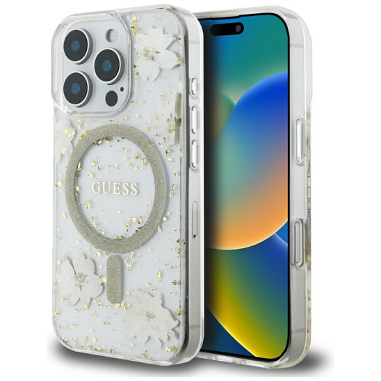 Original Case IPHONE 16 PRO MAX Guess Hardcase Resin Flowers Glitter MagSafe beige