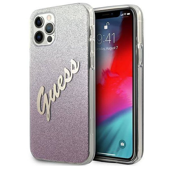 Original Case IPHONE 12 / 12 PRO 6,1" Guess Hardcase Glitter Gradient Script GUHCP12MPCUGLSPI pink