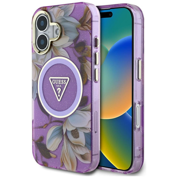 Case IPHONE 16 Guess Glitter Flowers Triangle Buttons MagSafe purple