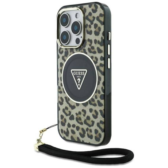 Original Case IPHONE 16 PRO MAX Guess HC IML Leopard Triangle Cord Strap brown
