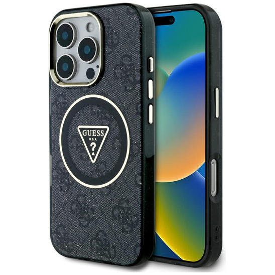 Oryginalne Etui IPHONE 16 PRO MAX Guess IML Metal Glitter 4G Circle Triangle MagSafe czarne