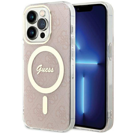 Oryginalne Etui APPLE IPHONE 15 PRO Guess Hardcase IML 4G MagSafe (GUHMP15LH4STP) różowe