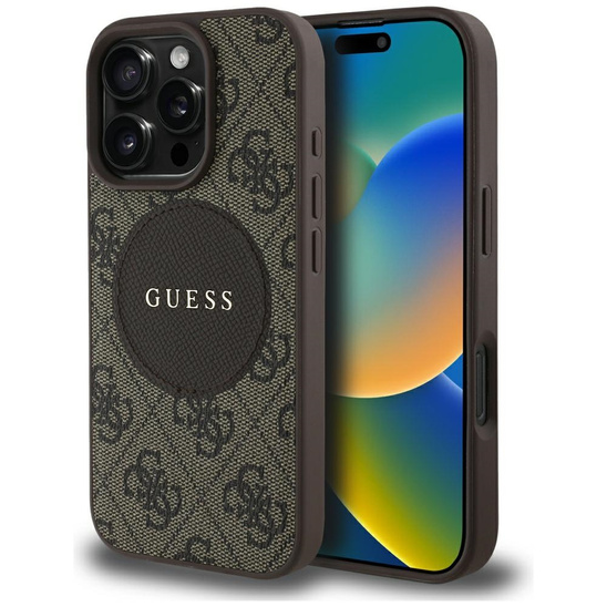 Original Case IPHONE 16 PRO Guess 4G Circle Classic Logo MagSafe brown