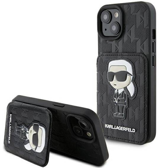 Oryginalne Etui APPLE IPHONE 15 Karl Lagerfeld Hardcase Saffiano Cardslots and Stand Monogram Ikonik Patch (KLHCP15SSAKKNSCK) czarne