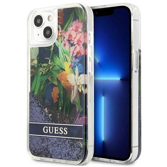 Case IPHONE 13 MINI Guess Hardcase Flower Liquid Glitter (GUHCP13SLFLSB) blue