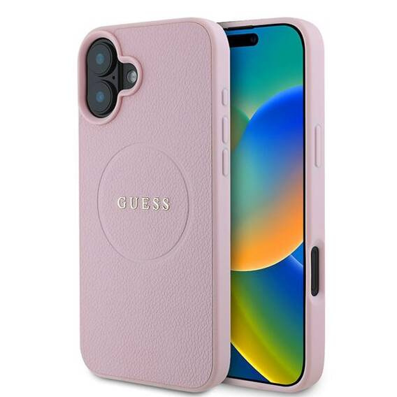 Original Case IPHONE 16 PLUS Guess Hardcase Grained Gold Ring MagSafe (GUHMP16MPGHSMMP) pink