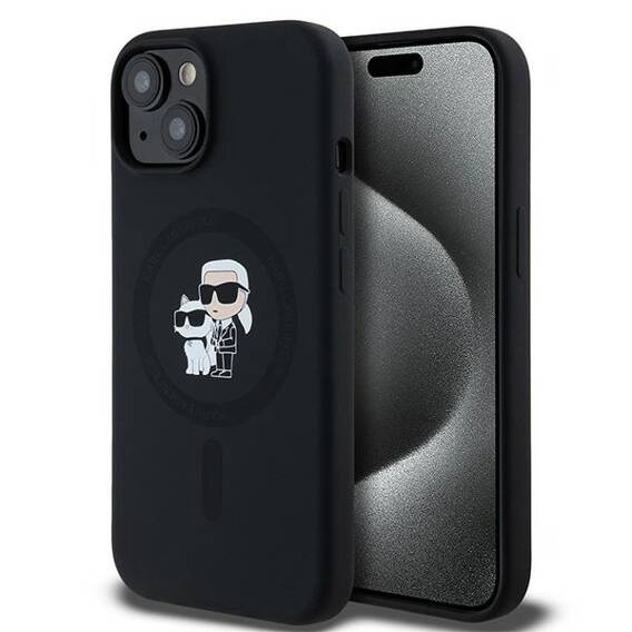 Oryginalne Etui IPHONE 13 / 14 / 15 Karl Lagerfeld Hardcase Silicone Karl & Choupette Magsafe (KLHMP15SSCMKCRHK) czarne