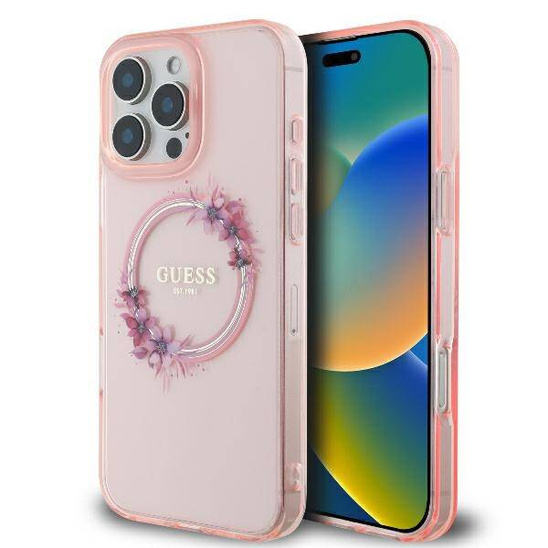 Original Case IPHONE 16 PRO Guess Hardcase IML Flowers Wreath MagSafe (GUHMP16LHFWFCP) pink