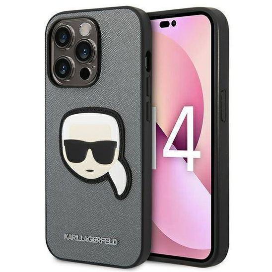 Oryginalne Etui IPHONE 14 PRO Karl Lagerfeld Hardcase Saffiano Karl`s Head Patch srebrne