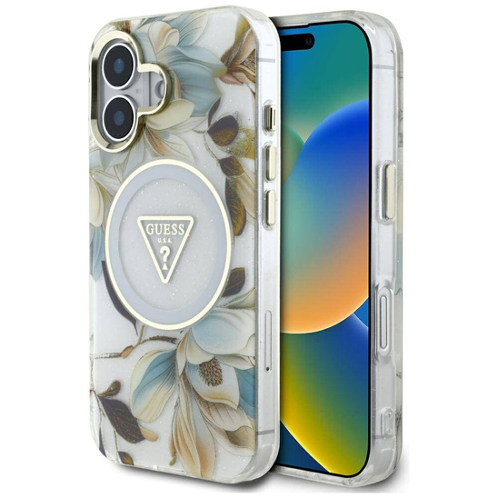 Case IPHONE 16 Guess Glitter Flowers Triangle Buttons MagSafe white