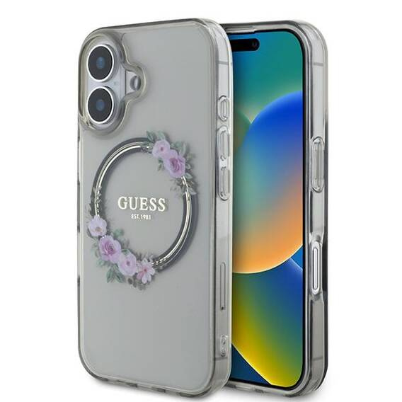 Oryginalne Etui IPHONE 16 Guess Hardcase IML Flowers Wreath MagSafe (GUHMP16SHFWFCK) czarne