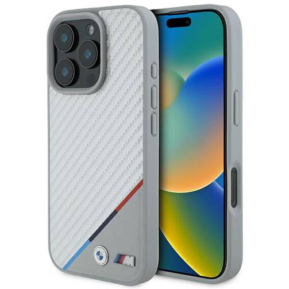 Original Case IPHONE 16 PRO BMW Hardcase M Carbon Tricolor Line MagSafe (BMHMP16L23PUDTS) gray