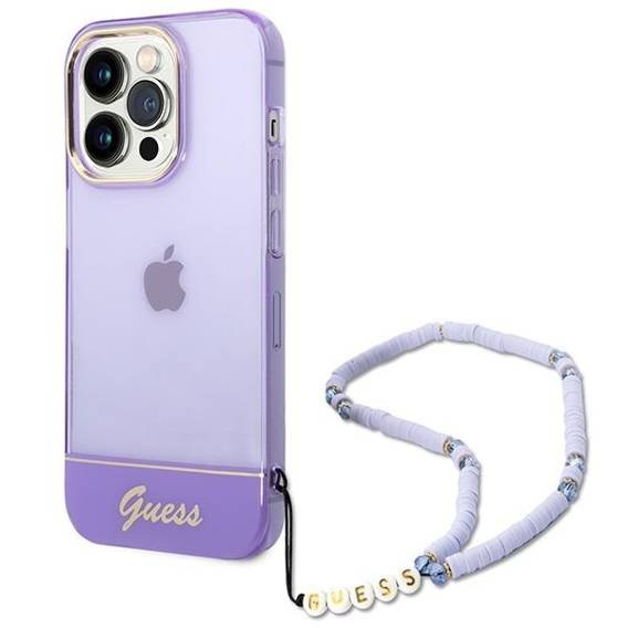 Original Case IPHONE 14 PRO Guess Hardcase Translucent Pearl Strap purple