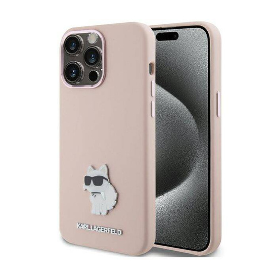 Oryginalne Etui APPLE IPHONE 15 PRO Karl Lagerfeld Silicone Choupette Metal Pin (KLHCP15LSMHCNPP) różowe