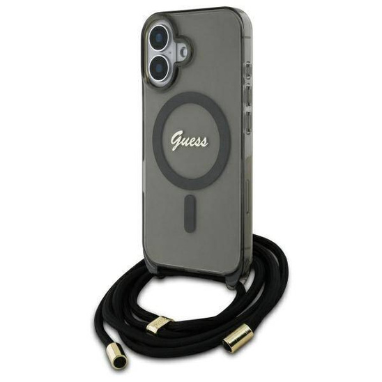 Original Case IPHONE 16 Guess Hardcase Crossbody Cord Script MagSafe (GUHMP16SHCTSGNSK) black