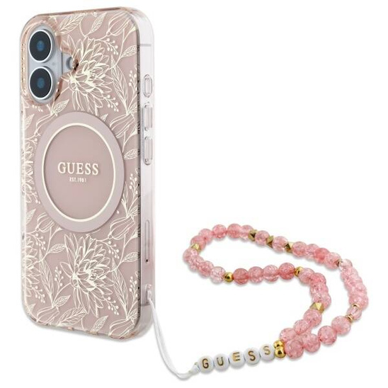 Original Case IPHONE 16 Guess Hardcase IML Flowers Allover Electro With Pearl Strap MagSafe (GUHMP16SHCPOFPP) pink