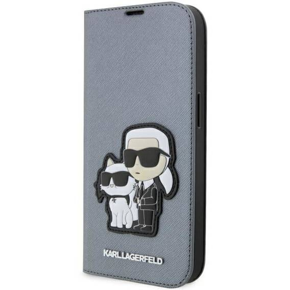 Original Case IPHONE 14 PRO Karl Lagerfeld Bookcase Saffiano Karl & Choupette (KLBKP14LSANKCPG) silver