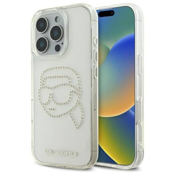 Original Case IPHONE 16 PRO MAX Karl Lagerfeld Hardcase IML Rhinestones Karl Head (KLHCP16XHKHDCELT) transparent