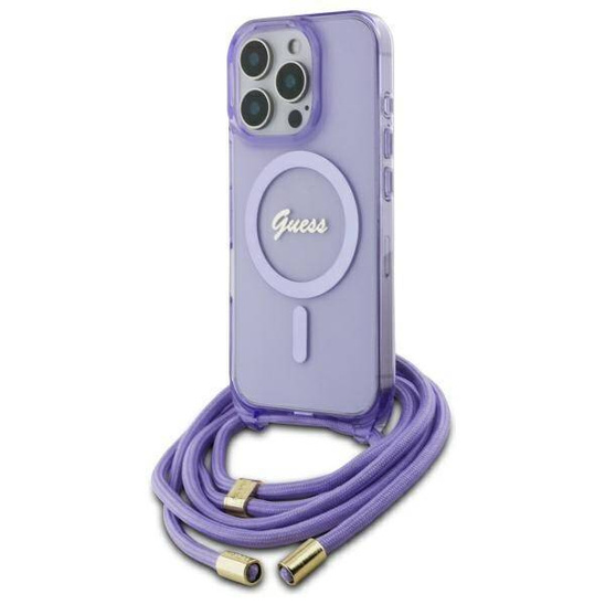 Original Case IPHONE 16 PRO Guess Hardcase Crossbody Cord Script MagSafe (GUHMP16LHCTSGNSU) purple