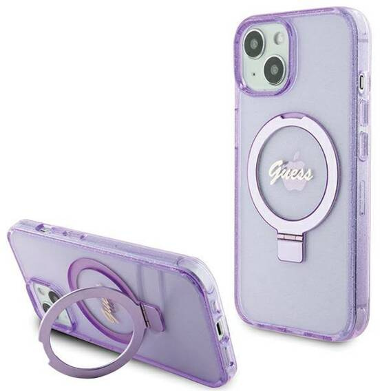 Oryginalne Etui APPLE IPHONE 15 Guess Hardcase Ring Stand Script Glitter MagSafe (GUHMP15SHRSGSU) fioletowe