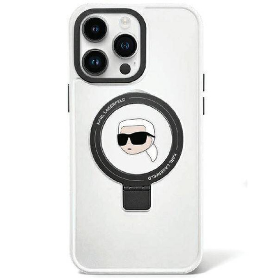 Original Case APPLE IPHONE 15 PRO Karl Lagerfeld Hardcase Ring Stand Karl Head MagSafe (KLHMP15LHMRSKHH) white