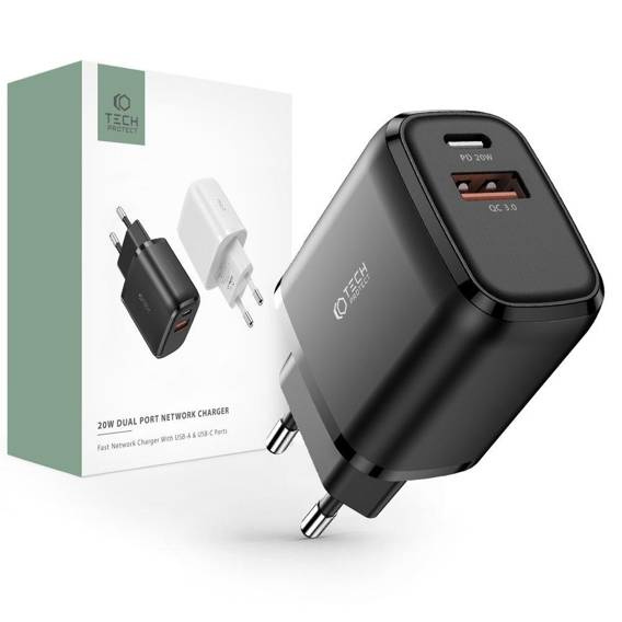 Ładowarka Sieciowa 20W USB QC3.0 + USB-C PD Tech-Protect C20W czarny