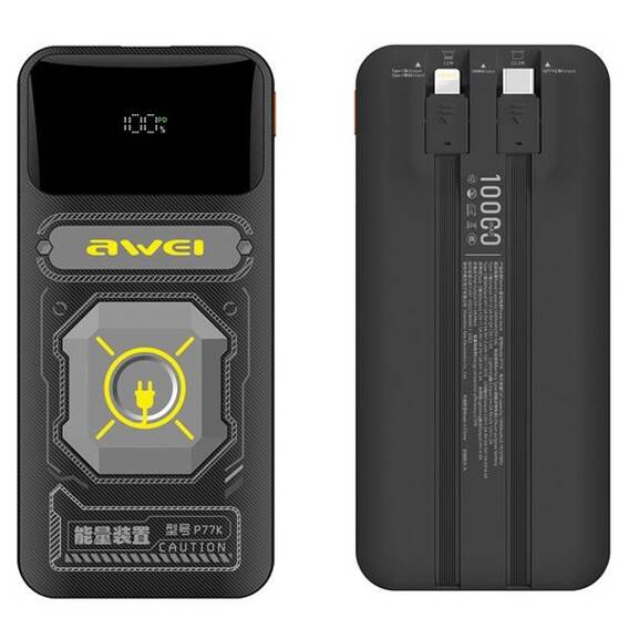 AWEI PowerBank z wbudowanym kablem        Lightning/USB-C P77K 10000mAh czarny/black 22.5W