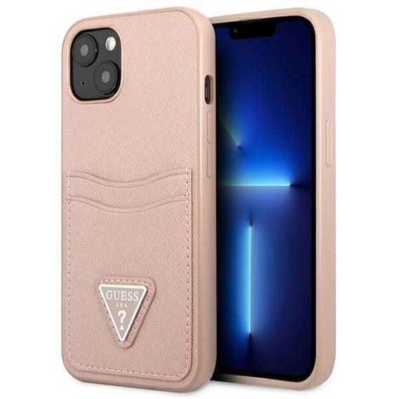 Etui IPHONE 13 Guess Hardcase Saffianotriangle Logo Cardslot (GUHCP13MPSATPP) różowe