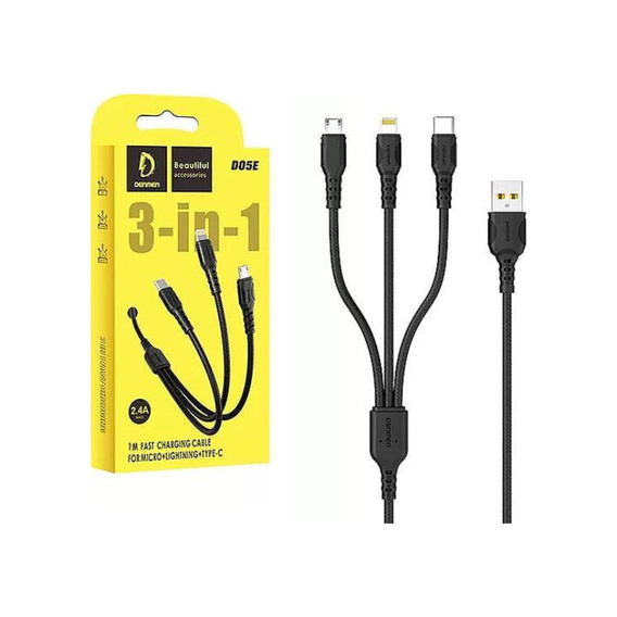 Kabel 3w1 1m USB - Micro USB + Lightning + USB-C Denmen D05E czarny