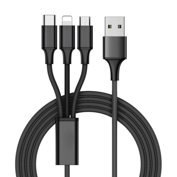 Kabel 3w1 2.1A 1,2m USB - USB-C + micro USB + Lightning czarny