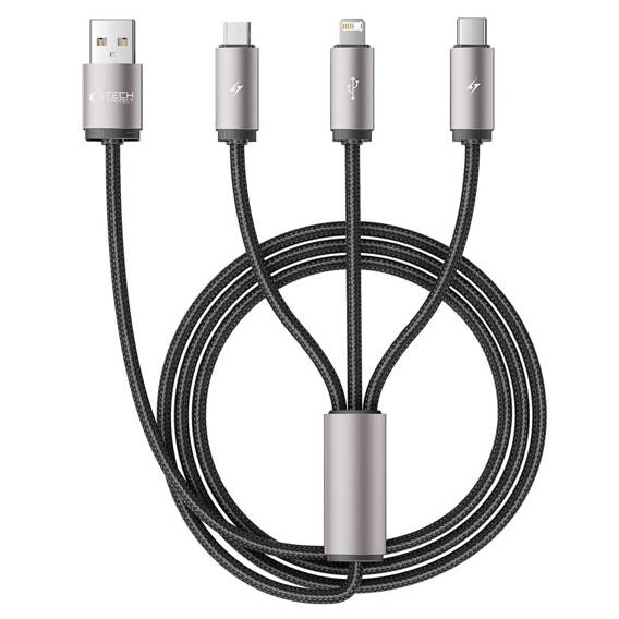 Kabel 3w1 3.5A 1m USB - USB-C + Lightning + Micro USB Tech-Protect UltraBoost 3in1 szary
