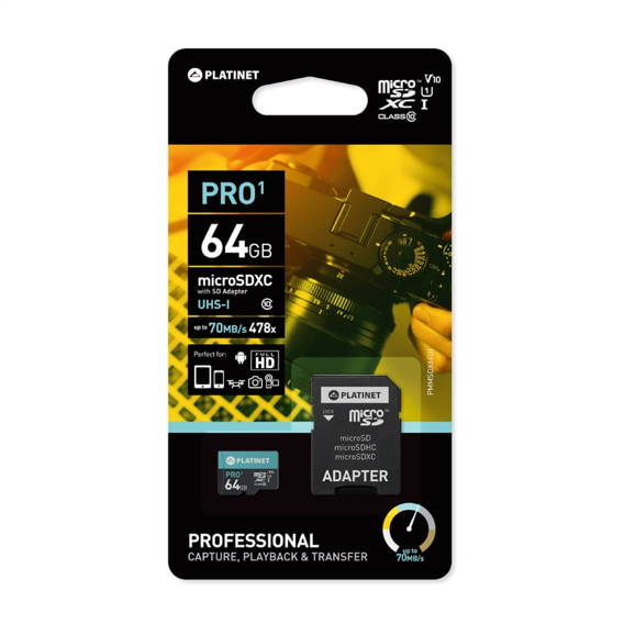 Karta Pamięci microSDXC 64GB class10 U1 70MB/s Secure Digital + Adapter SD Platinet (43998) czarna