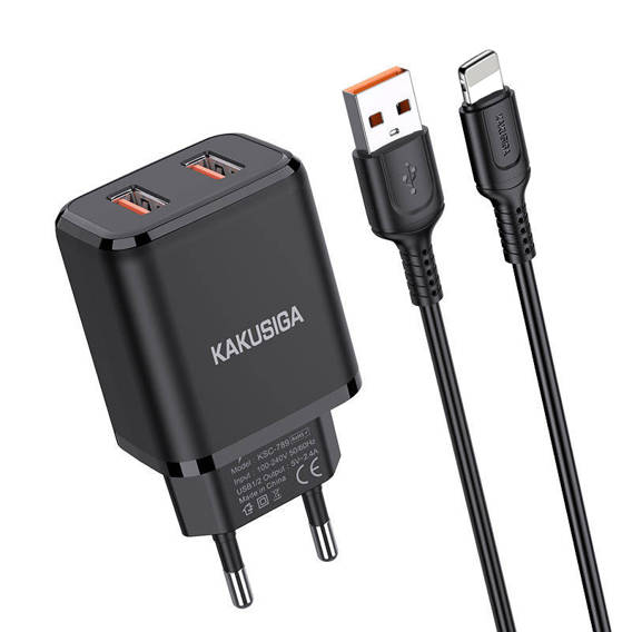 Ładowarka Sieciowa 2,4A 2x USB + Kabel USB - Lightning KAKUSIGA KSC-793 czarna