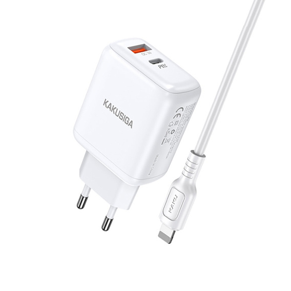Ładowarka Sieciowa (PD 30W USB typ C + QC3.0 USB) + Kabel 1m (USB-C - Apple Lightning) Kakusiga Dual Port EU Charger KSC-670 biała