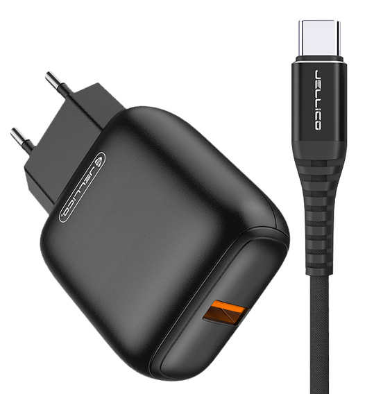 Ładowarka Sieciowa USB 18W 3.1A JELLICO C32 Quick Charge 3.0 + Kabel USB-C TYP C czarna