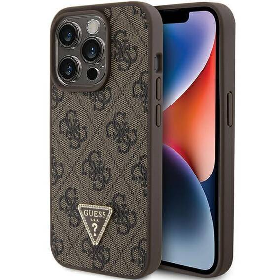 Oryginalne Etui APPLE IPHONE 15 PRO Guess Hardcase Leather 4G Triangle Strass (GUHCP15LP4TDPW) brązowe