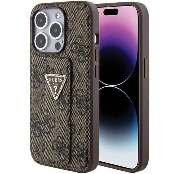 Oryginalne Etui APPLE IPHONE 15 PRO MAX Guess Hardcase Grip Stand 4G Triangle Strass (GUHCP15XPGS4TDW) brązowe