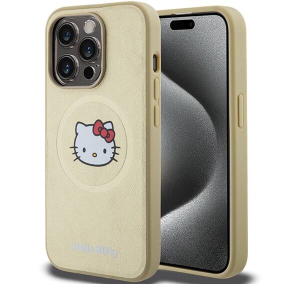 Oryginalne Etui APPLE IPHONE 15 PRO MAX Hello Kitty Hardcase Leather Kitty Head MagSafe (HKHMP15XPGHCKD) złote