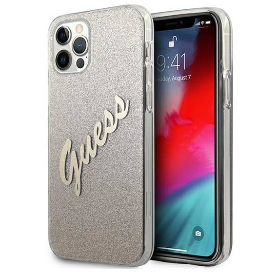 Oryginalne Etui IPHONE 12 / 12 PRO Guess Hardcase Glitter Gradient Script (GUHCP12MPCUGLSGO) złote