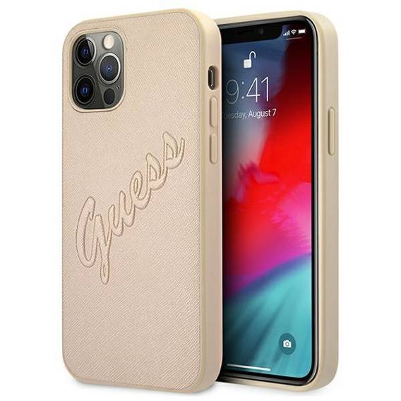 Oryginalne Etui IPHONE 12 / 12 PRO Guess Hardcase Saffiano Vintage Script (GUHCP12MRSAVSLG) złote