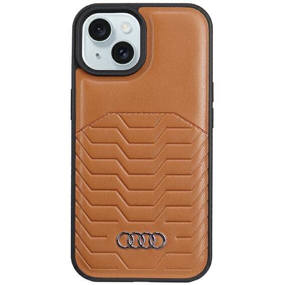 Oryginalne Etui IPHONE 13 / 14 / 15 Audi Synthetic Leather MagSafe (AU-TPUPCMIP15-GT/D3-BN) brązowe