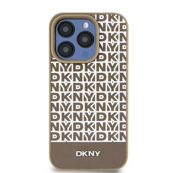 Oryginalne Etui IPHONE 13 / 14 / 15 DKNY Hardcase Leather Printed Pattern Metal Logo MagSafe (DKHMP15SPSOSPW) brązowe